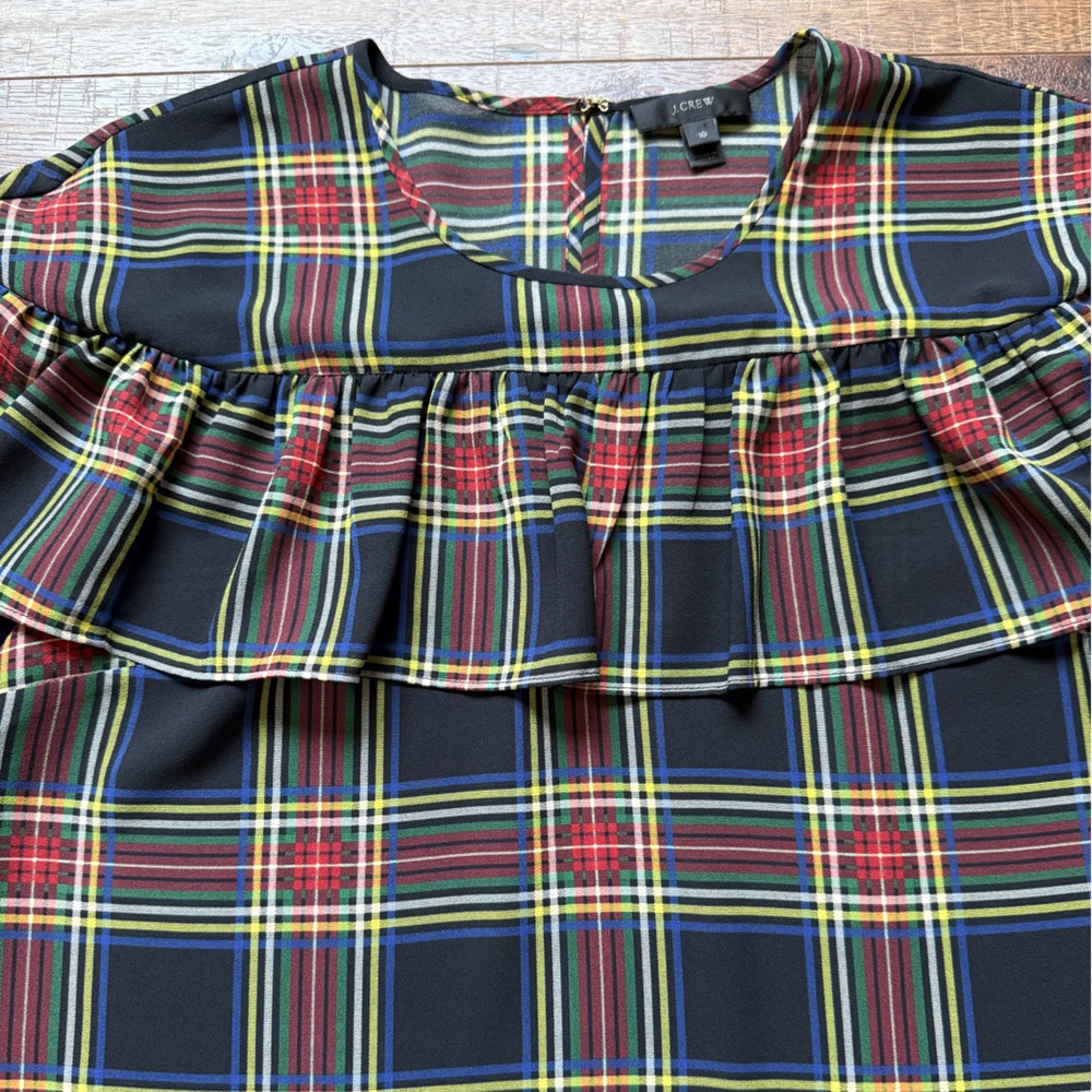 J. Crew Edie Stewart Tartan Plaid Ruffle Short Sleeve Blouse Size 10 - Picture 5 of 13
